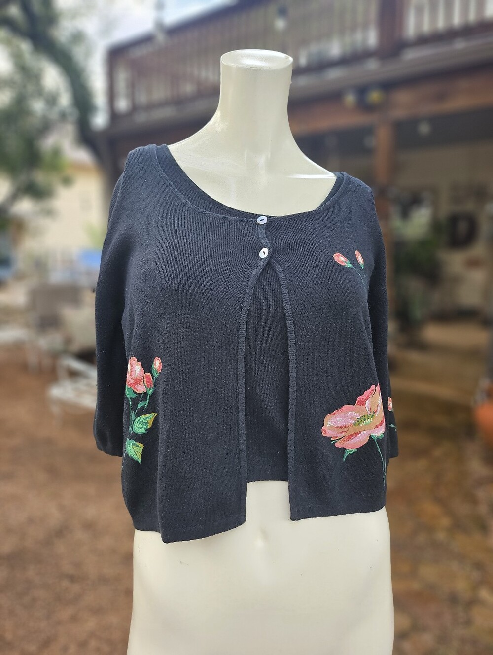 Vintage Euro-X Black Silk Blend Cardigan L Tank Top S Set Painted Rose Flowers